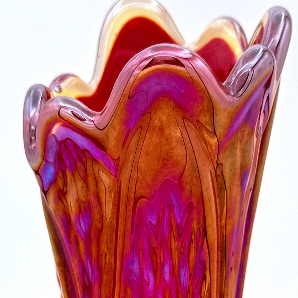 π SOLD π Carnival Glass Swung Vase Vintage Orange Red Eclectic Artistic Decor - Picture 9 of 10